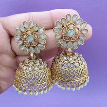 Mint Green Gold Polki Stone Jhumka, Gold-plated Dangler Earrings/Brass Jhumkas/Ethnic earrings/Trendy earrings/Statement earrings