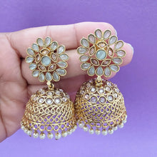Mint Green Gold Polki Stone Jhumka, Gold-plated Dangler Earrings/Brass Jhumkas/Ethnic earrings/Trendy earrings/Statement earrings