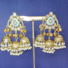 Aqua Blue Kashmiri Jhumka Earrings, Gold-plated Dangler Earrings/Brass Jhumkas/Ethnic Gungroo earrings/Trendy earrings/Statement earrings