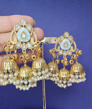 Aqua Blue Kashmiri Jhumka Earrings, Gold-plated Dangler Earrings/Brass Jhumkas/Ethnic Gungroo earrings/Trendy earrings/Statement earrings