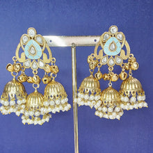 Aqua Blue Kashmiri Jhumka Earrings, Gold-plated Dangler Earrings/Brass Jhumkas/Ethnic Gungroo earrings/Trendy earrings/Statement earrings