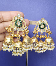 Green Kashmiri Jhumka Earrings, Gold-plated Dangler Earrings/Brass Jhumkas/Ethnic Gungroo earrings/Trendy earrings/Statement earrings