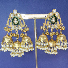 Green Kashmiri Jhumka Earrings, Gold-plated Dangler Earrings/Brass Jhumkas/Ethnic Gungroo earrings/Trendy earrings/Statement earrings