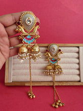 Blue Pink Kashmiri Earrings, Gold-plated Dangler Earrings/Brass Jhumkas/Ethnic Gungroo earrings/Trendy earrings/Statement earrings
