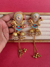 Blue Pink Kashmiri Earrings, Gold-plated Dangler Earrings/Brass Jhumkas/Ethnic Gungroo earrings/Trendy earrings/Statement earrings