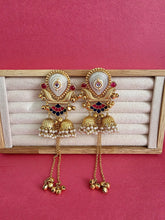 Pink Blue Kashmiri Earrings, Gold-plated Dangler Earrings/Brass Jhumkas/Ethnic Gungroo earrings/Trendy earrings/Statement earrings