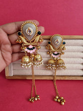 Pink Blue Kashmiri Earrings, Gold-plated Dangler Earrings/Brass Jhumkas/Ethnic Gungroo earrings/Trendy earrings/Statement earrings