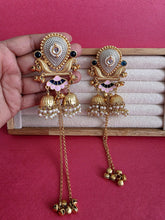 Pink Blue Kashmiri Earrings, Gold-plated Dangler Earrings/Brass Jhumkas/Ethnic Gungroo earrings/Trendy earrings/Statement earrings
