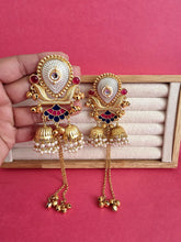 Pink Blue Kashmiri Earrings, Gold-plated Dangler Earrings/Brass Jhumkas/Ethnic Gungroo earrings/Trendy earrings/Statement earrings