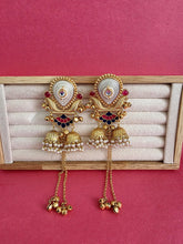 Pink Blue Kashmiri Earrings, Gold-plated Dangler Earrings/Brass Jhumkas/Ethnic Gungroo earrings/Trendy earrings/Statement earrings