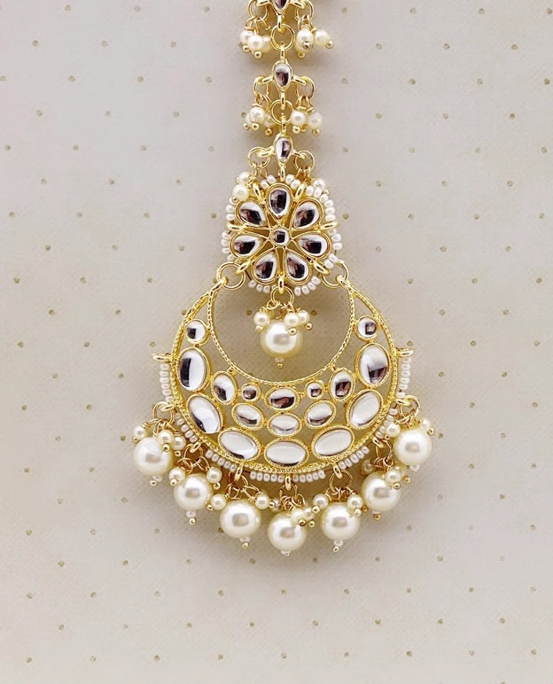 White Pearl Kundan Maang tikka/Kundan Tikka/Indian Jewelry\Indian Wedding\Pakistani Jewelry/Jhoomer/Matha patti/Indian forehead jewelry
