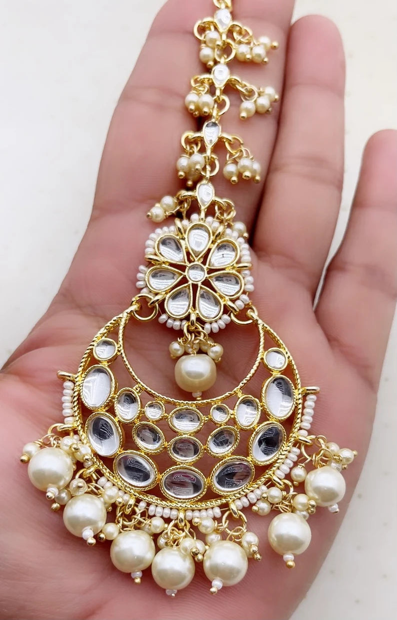 White Pearl Kundan Maang tikka/Kundan Tikka/Indian Jewelry\Indian Wedding\Pakistani Jewelry/Jhoomer/Matha patti/Indian forehead jewelry