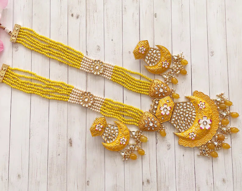 Yellow Kundan long necklace/Indian jewelry/Kundan rani haar/Mala necklace set/Indian Wedding/Bridal Necklace/Punjabi Jewelry/Pakistani