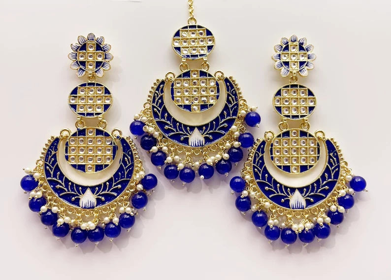 Clearance**Extra Large Kundan Tikka w/Earring Set/ Indian Bridal Maang Tikka /Teeka Tika Headpiece Pearl Jewelry For Women** Final Sale**