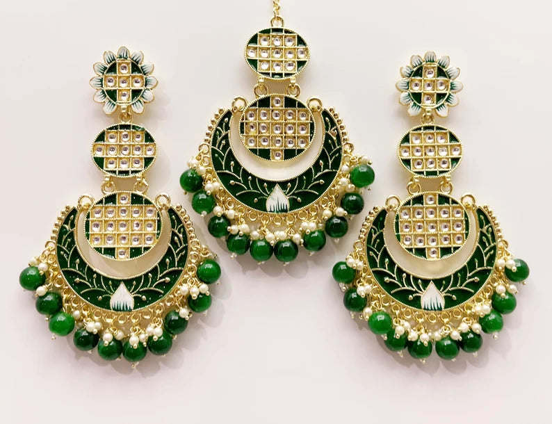 Clearance**Extra Large Kundan Tikka w/Earring Set/ Indian Bridal Maang Tikka /Teeka Tika Headpiece Pearl Jewelry For Women** Final Sale**