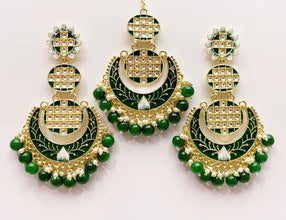 Clearance**Extra Large Kundan Tikka w/Earring Set/ Indian Bridal Maang Tikka /Teeka Tika Headpiece Pearl Jewelry For Women** Final Sale**