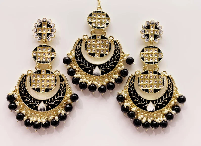 Clearance**Extra Large Kundan Tikka w/Earring Set/ Indian Bridal Maang Tikka /Teeka Tika Headpiece Pearl Jewelry For Women** Final Sale**
