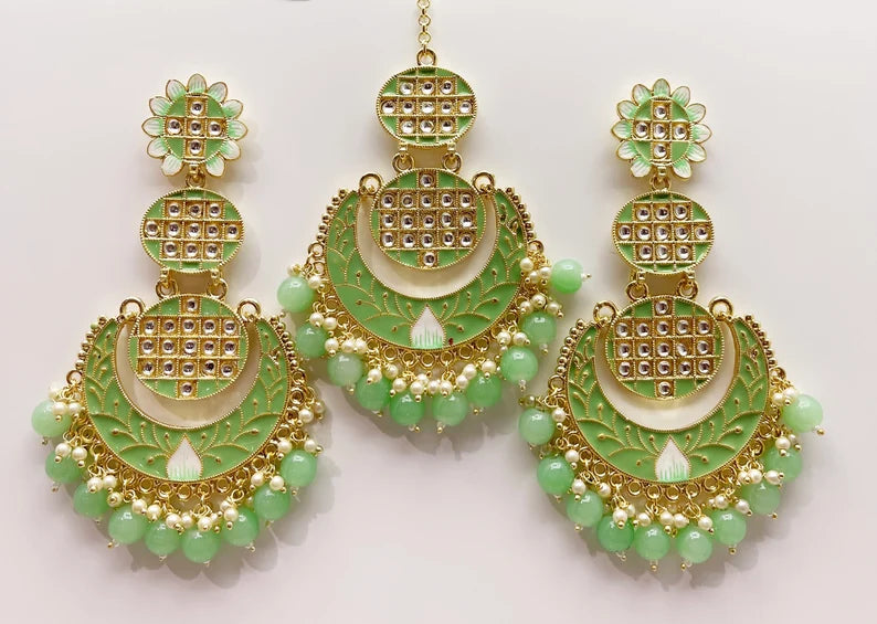 Clearance**Extra Large Kundan Tikka w/Earring Set/ Indian Bridal Maang Tikka /Teeka Tika Headpiece Pearl Jewelry For Women** Final Sale**