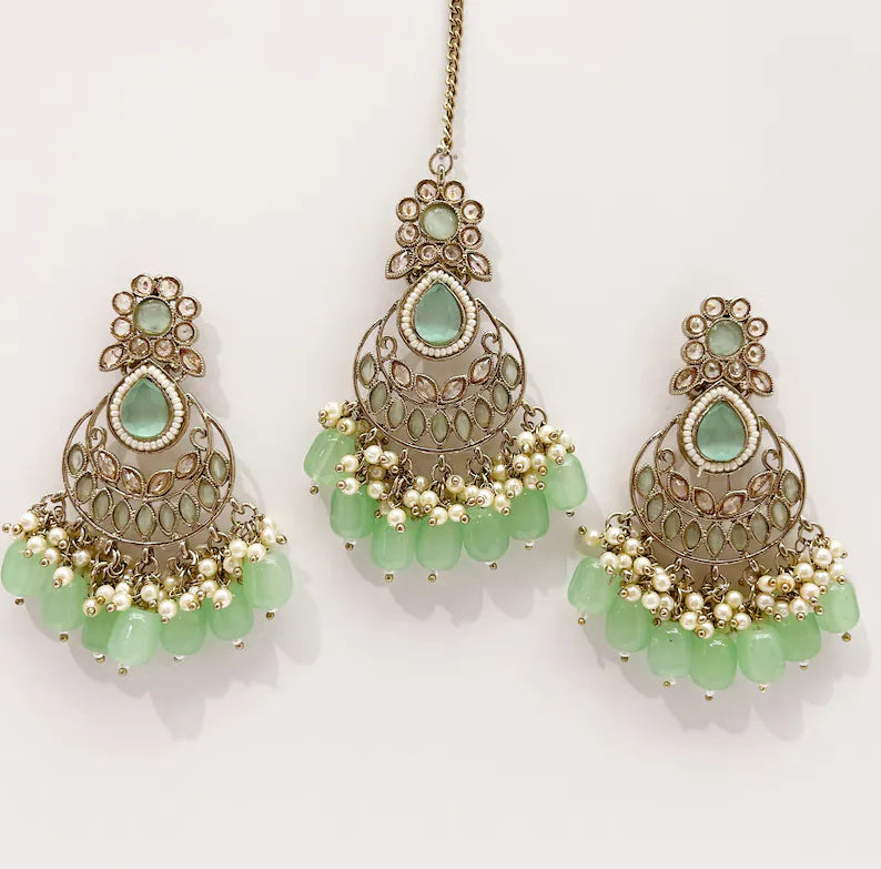 Antique Finish Polki Tikka Earrings Set/Maang Tikka/Teeka/Tika Headpiece/ Polki Jewelry/Bollywood/Indian/Punjabi/Pakistani/Bridesmaid Gifts