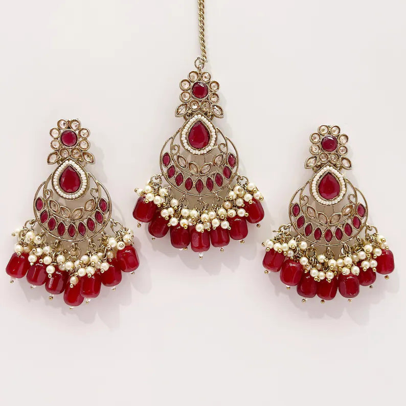 Antique Finish Polki Tikka Earrings Set/Maang Tikka/Teeka/Tika Headpiece/ Polki Jewelry/Bollywood/Indian/Punjabi/Pakistani/Bridesmaid Gifts