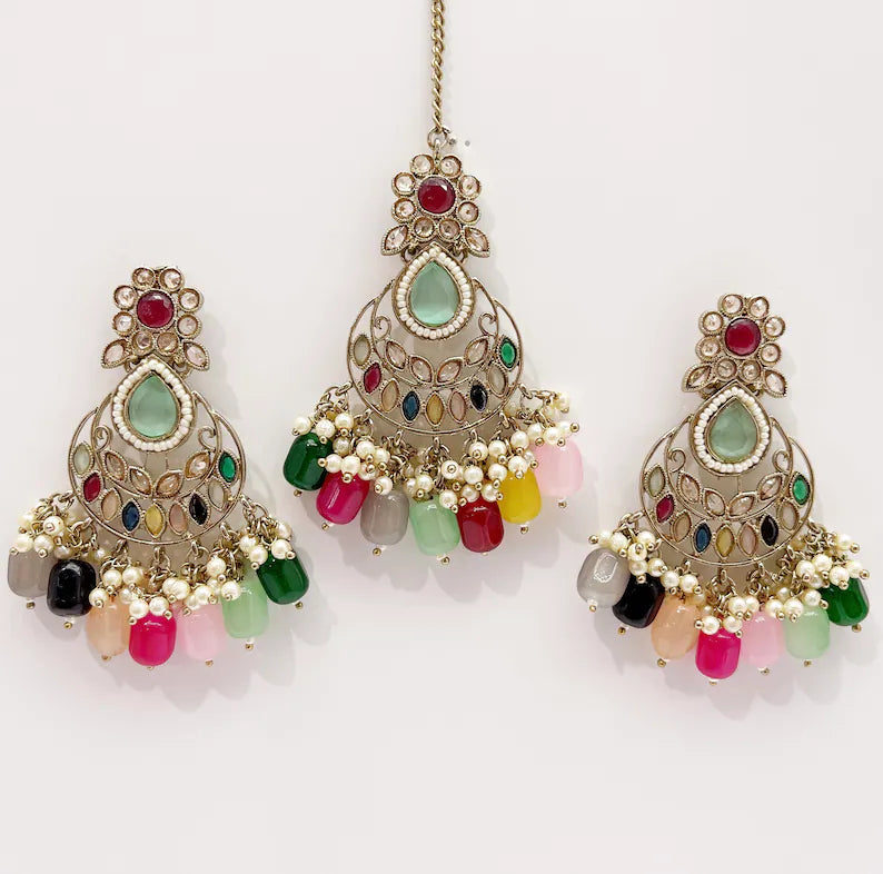 Antique Finish Polki Tikka Earrings Set/Maang Tikka/Teeka/Tika Headpiece/ Polki Jewelry/Bollywood/Indian/Punjabi/Pakistani/Bridesmaid Gifts