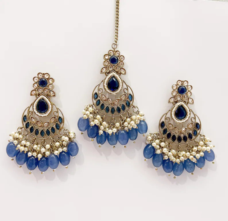 Antique Finish Polki Tikka Earrings Set/Maang Tikka/Teeka/Tika Headpiece/ Polki Jewelry/Bollywood/Indian/Punjabi/Pakistani/Bridesmaid Gifts