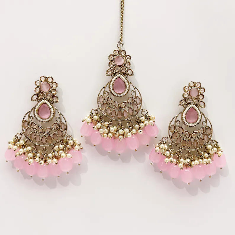 Antique Finish Polki Tikka Earrings Set/Maang Tikka/Teeka/Tika Headpiece/ Polki Jewelry/Bollywood/Indian/Punjabi/Pakistani/Bridesmaid Gifts