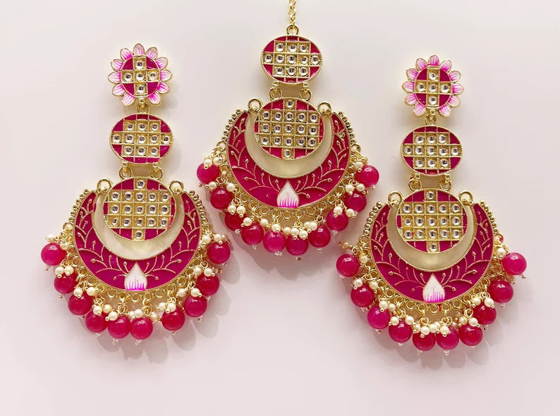 Clearance**Extra Large Kundan Tikka w/Earring Set/ Indian Bridal Maang Tikka /Teeka Tika Headpiece Pearl Jewelry For Women** Final Sale**