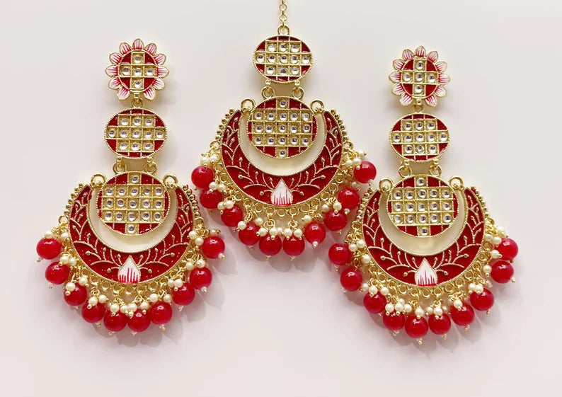 Clearance**Extra Large Kundan Tikka w/Earring Set/ Indian Bridal Maang Tikka /Teeka Tika Headpiece Pearl Jewelry For Women** Final Sale**