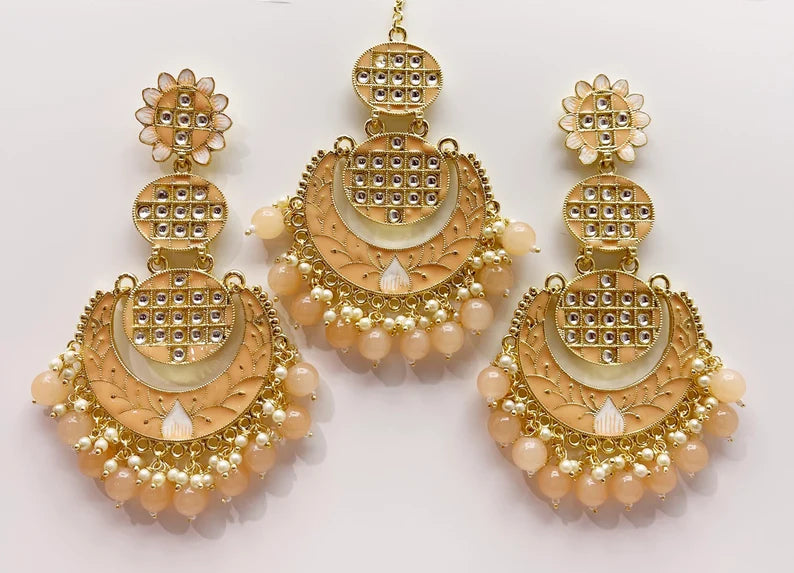 Clearance**Extra Large Kundan Tikka w/Earring Set/ Indian Bridal Maang Tikka /Teeka Tika Headpiece Pearl Jewelry For Women** Final Sale**