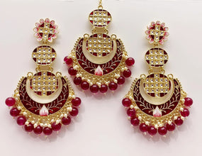 Clearance**Extra Large Kundan Tikka w/Earring Set/ Indian Bridal Maang Tikka /Teeka Tika Headpiece Pearl Jewelry For Women** Final Sale**