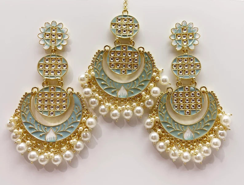 Clearance**Extra Large Kundan Tikka w/Earring Set/ Indian Bridal Maang Tikka /Teeka Tika Headpiece Pearl Jewelry For Women** Final Sale**