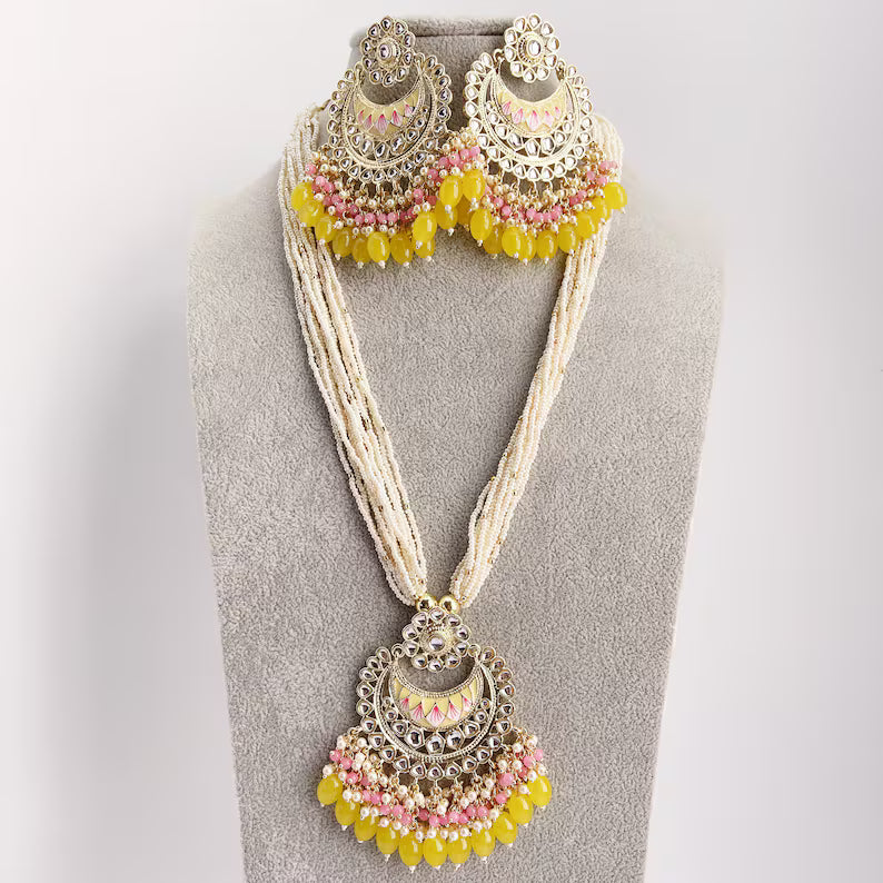 Yellow Kundan Meenakari long necklace/Indian jewelry/Kundan rani haar/Mala necklace set/Indian Wedding/Bridal Necklace/Punjabi/Pakistani