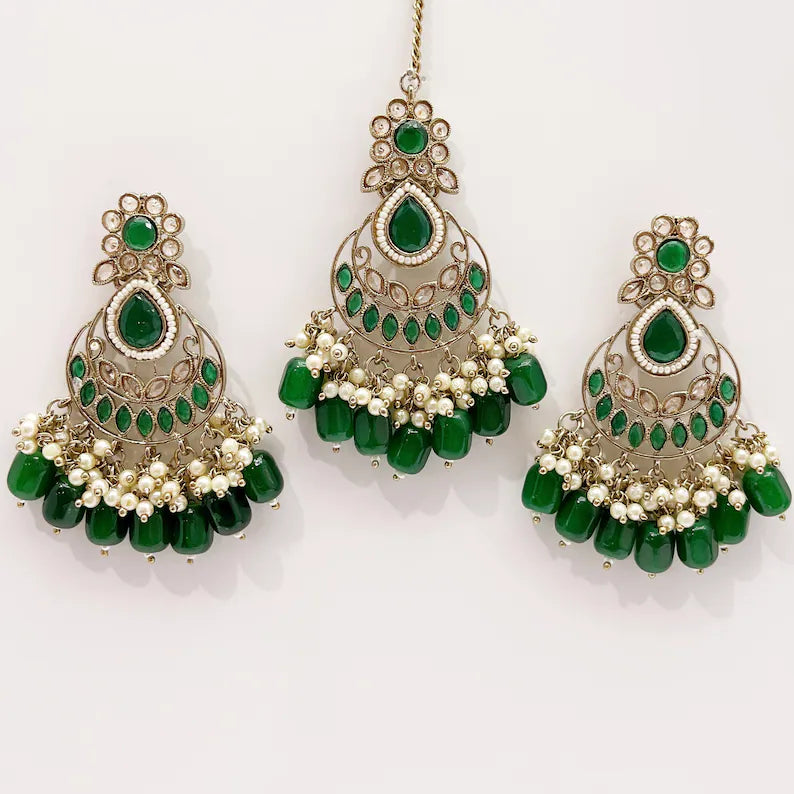 Antique Finish Polki Tikka Earrings Set/Maang Tikka/Teeka/Tika Headpiece/ Polki Jewelry/Bollywood/Indian/Punjabi/Pakistani/Bridesmaid Gifts