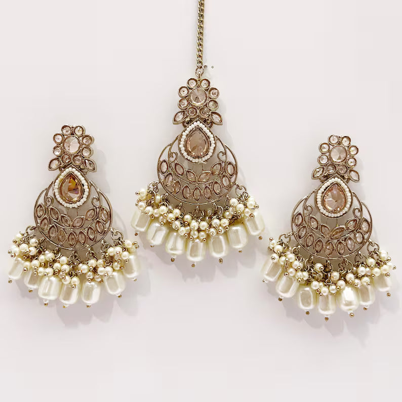 Antique Finish Polki Tikka Earrings Set/Maang Tikka/Teeka/Tika Headpiece/ Polki Jewelry/Bollywood/Indian/Punjabi/Pakistani/Bridesmaid Gifts