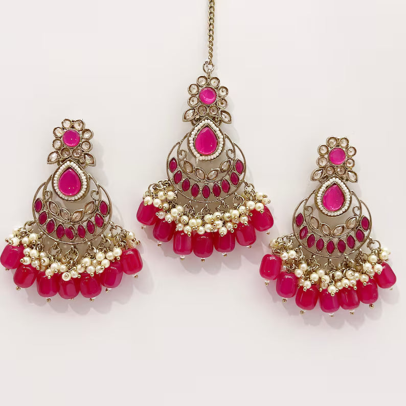 Antique Finish Polki Tikka Earrings Set/Maang Tikka/Teeka/Tika Headpiece/ Polki Jewelry/Bollywood/Indian/Punjabi/Pakistani/Bridesmaid Gifts