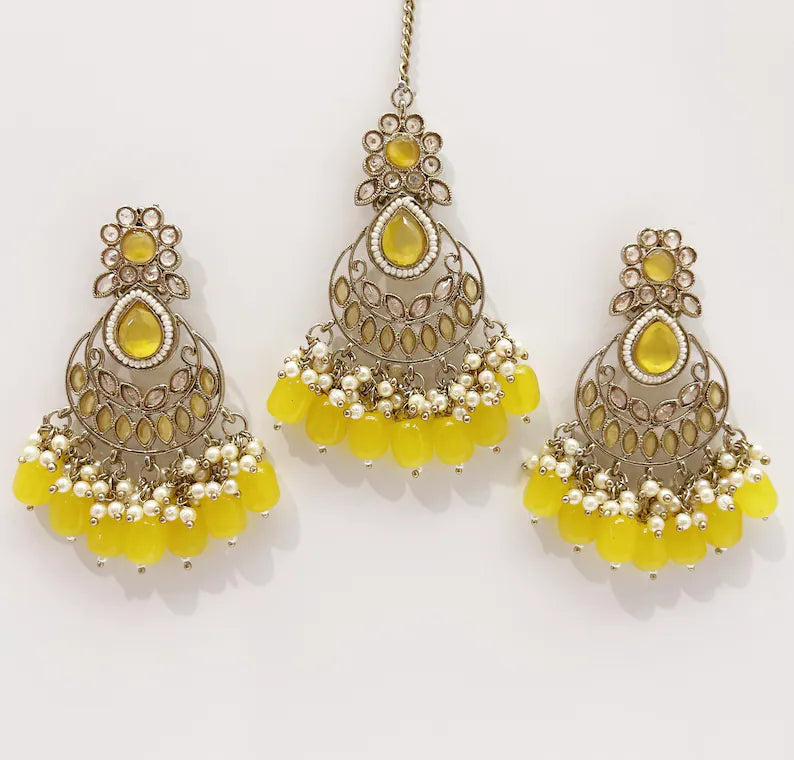 Antique Finish Polki Tikka Earrings Set/Maang Tikka/Teeka/Tika Headpiece/ Polki Jewelry/Bollywood/Indian/Punjabi/Pakistani/Bridesmaid Gifts