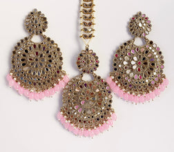 Restocked Antique Finish Mirror oversized Tikka Earring Set/Maang Tikka/Teeka/Tika/MirrorJewelry/Bollywood/Indian/Punjabi/Pakistani
