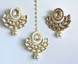 Gold Kundan Tikka w/Earring Set Indian Bridal Maang Tikka Headpiece Handmade Pearl Jewelry For Women Bollywood Bridesmaid Gifts