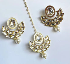 Gold Kundan Tikka w/Earring Set Indian Bridal Maang Tikka Headpiece Handmade Pearl Jewelry For Women Bollywood Bridesmaid Gifts