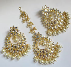 Gold Kundan Tikka w/Earring Set Indian Bridal Maang Tikka Teeka Tika Headpiece Handmade Pearl Jewelry For Women Bollywood Bridesmaid Gifts