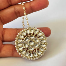 Kundan Tikka w/ Earring Set- Indian Bridal Maang Tikka, Teeka, Tika Headpiece - Handmade Pearl Jewelry For Women - Bollywood Bridesmaid Gift