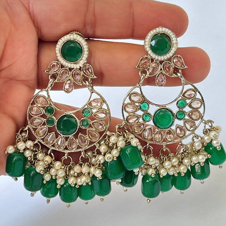 Antique finish Polki Kundan Chaandbali Earrings/Indian Earrings/Pakistani Earrings/Statement Earrings/Long chandelier/Indian wedding