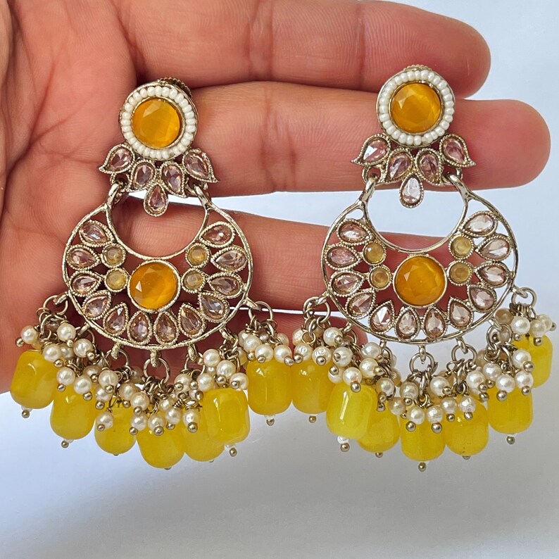 Antique finish Polki Kundan Chaandbali Earrings/Indian Earrings/Pakistani Earrings/Statement Earrings/Long chandelier/Indian wedding