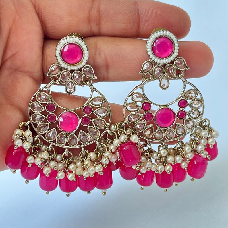 Antique finish Polki Kundan Chaandbali Earrings/Indian Earrings/Pakistani Earrings/Statement Earrings/Long chandelier/Indian wedding