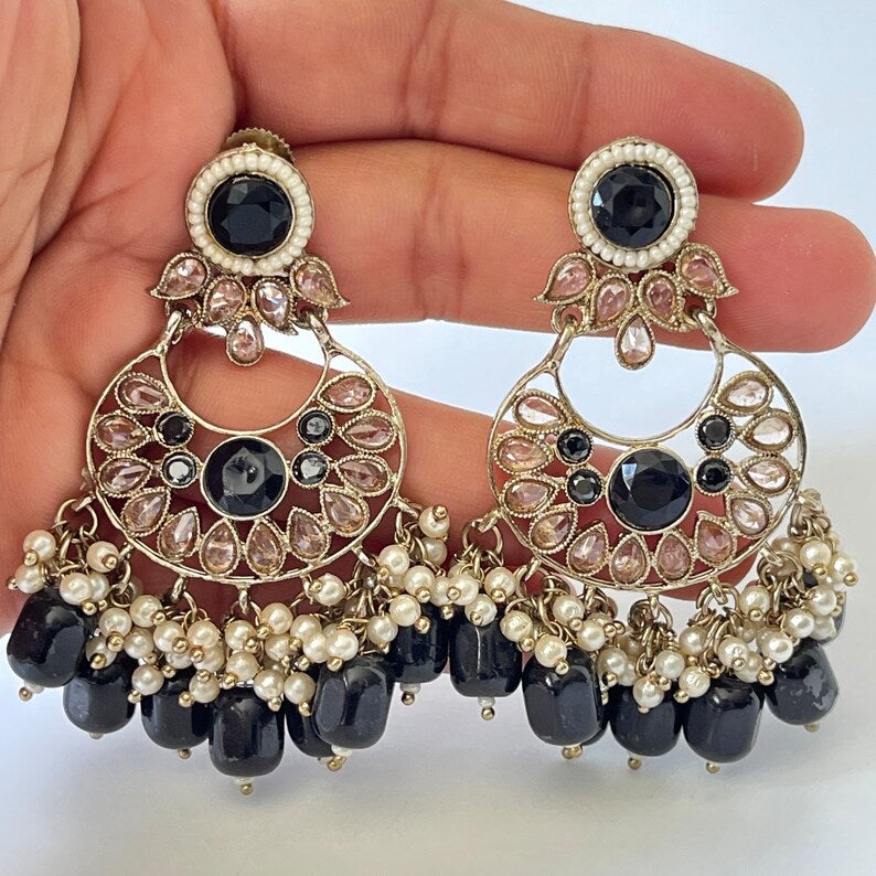 Antique finish Polki Kundan Chaandbali Earrings/Indian Earrings/Pakistani Earrings/Statement Earrings/Long chandelier/Indian wedding