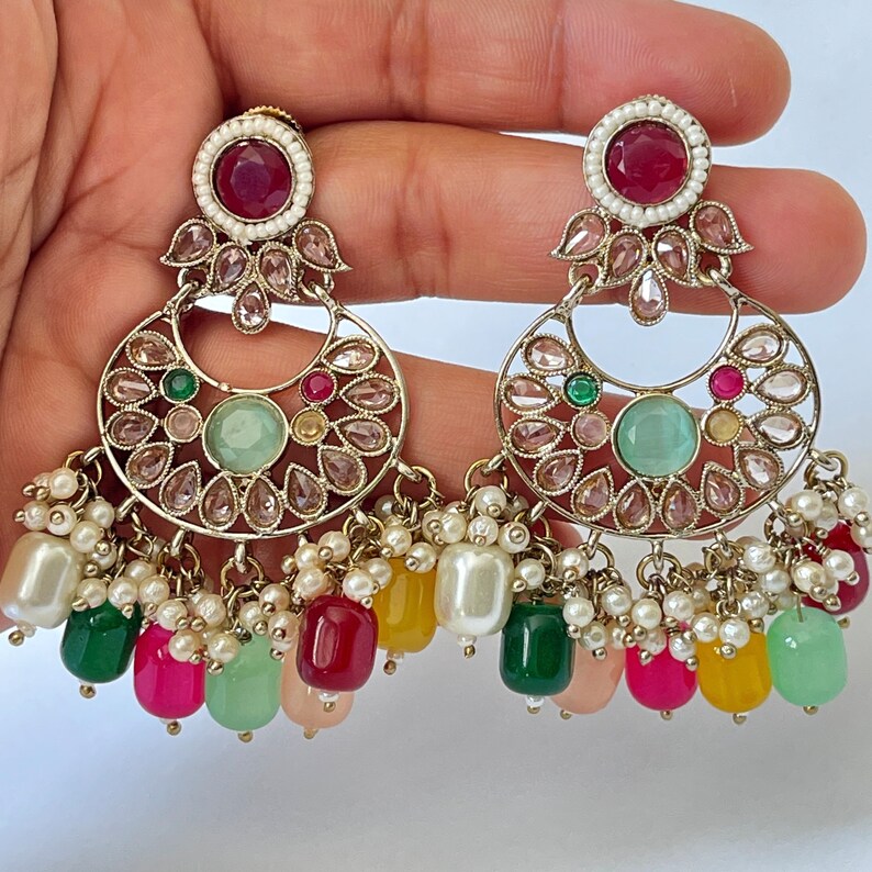 Antique finish Polki Kundan Chaandbali Earrings/Indian Earrings/Pakistani Earrings/Statement Earrings/Long chandelier/Indian wedding