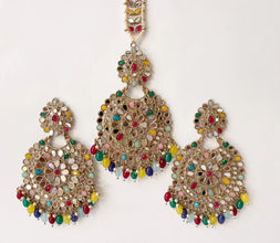 Restocked Antique Finish Mirror oversized Tikka Earring Set/Maang Tikka/Teeka/Tika/MirrorJewelry/Bollywood/Indian/Punjabi/Pakistani