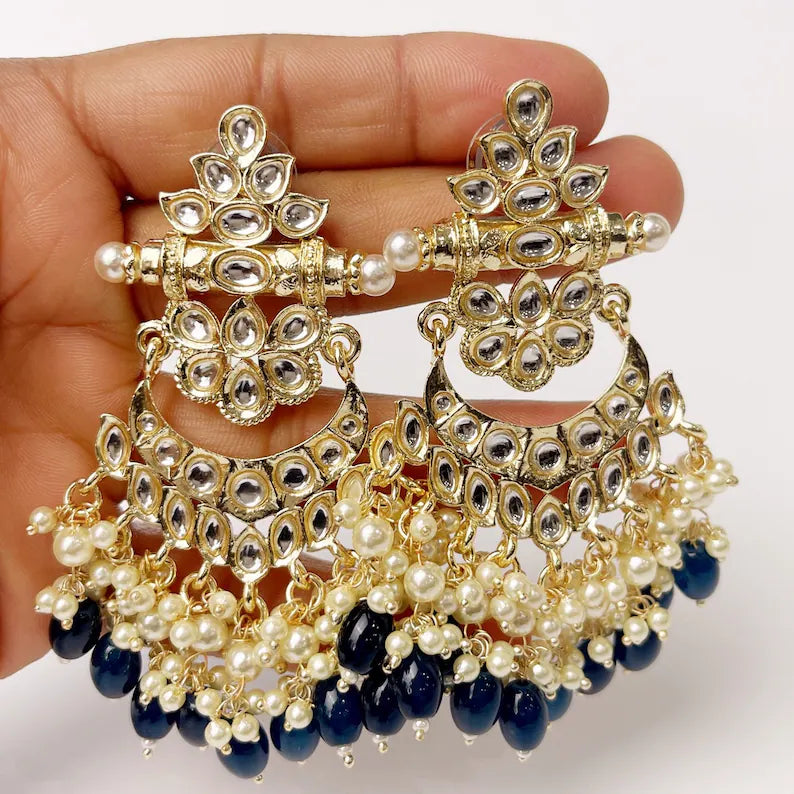 Bollywood Kundan Chandbali Earrings Indian Earrings pearl Earring Pakistani Earrings Statement Earrings Long chandelier Indian wedding