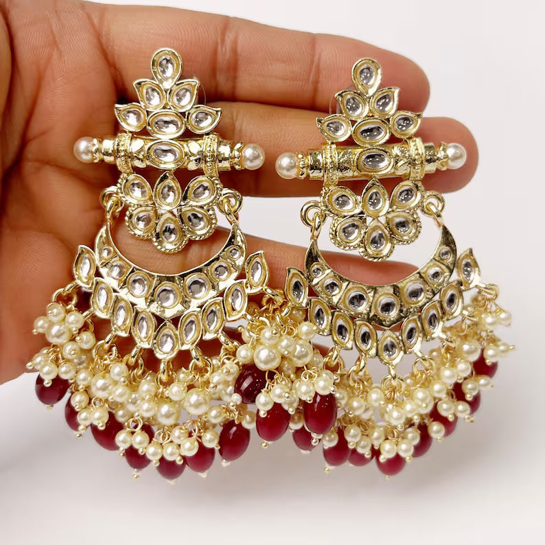 Bollywood Kundan Chandbali Earrings Indian Earrings pearl Earring Pakistani Earrings Statement Earrings Long chandelier Indian wedding